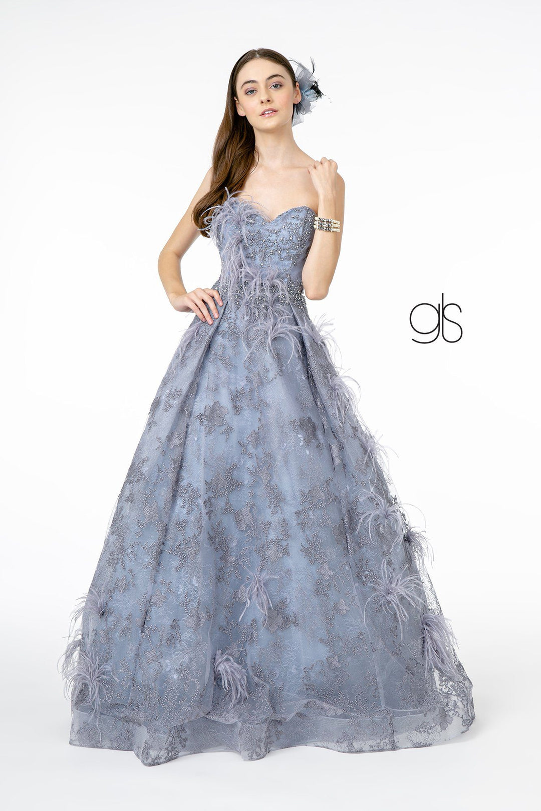 Feather Embellished Strapless Ball Gown by Elizabeth K GL1834