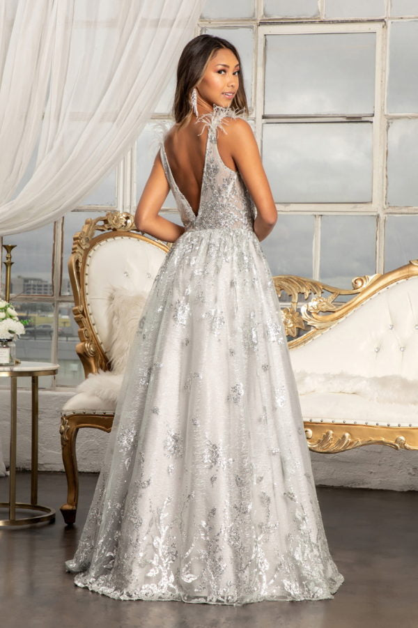 Feather Glitter Print Gown by Elizabeth K GL3048