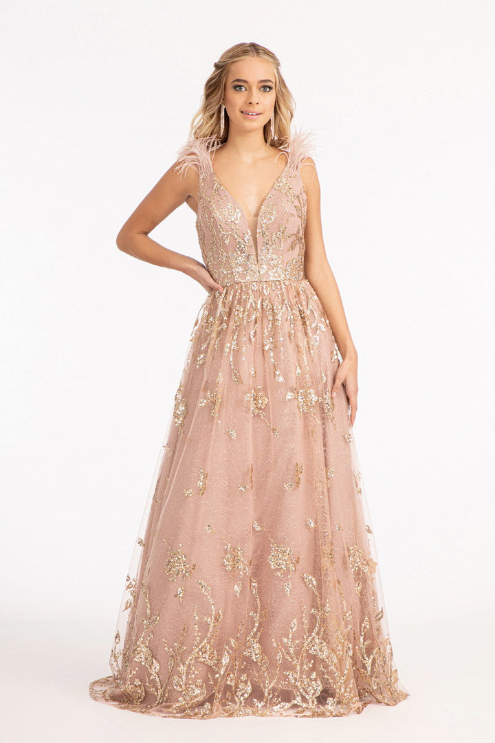 Feather Glitter Print Gown by Elizabeth K GL3048