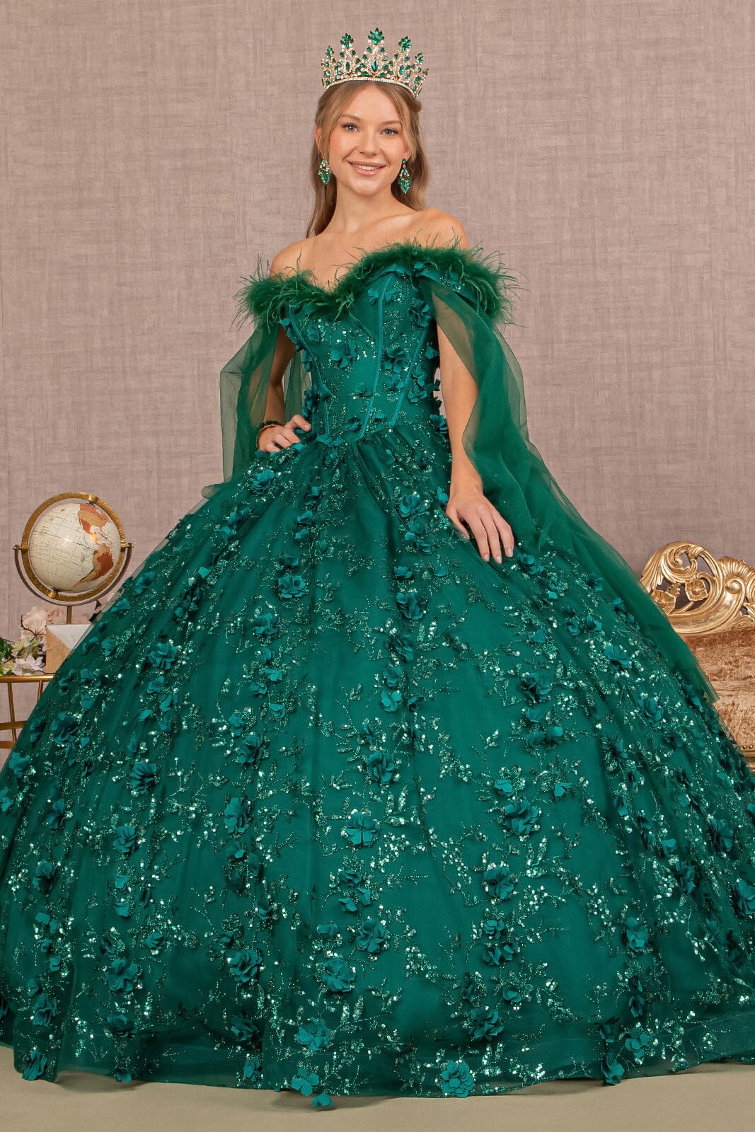 Feather Off Shoulder Ball Gown by Elizabeth K GL3101