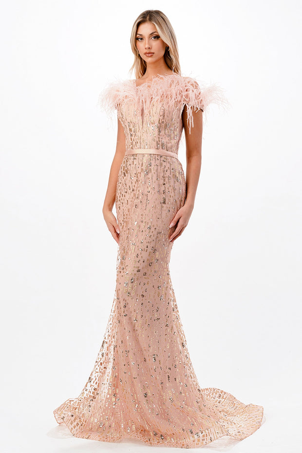 Feather Off Shoulder Gown by Cinderella Divine CB082