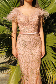 Feather Off Shoulder Gown by Cinderella Divine CB082