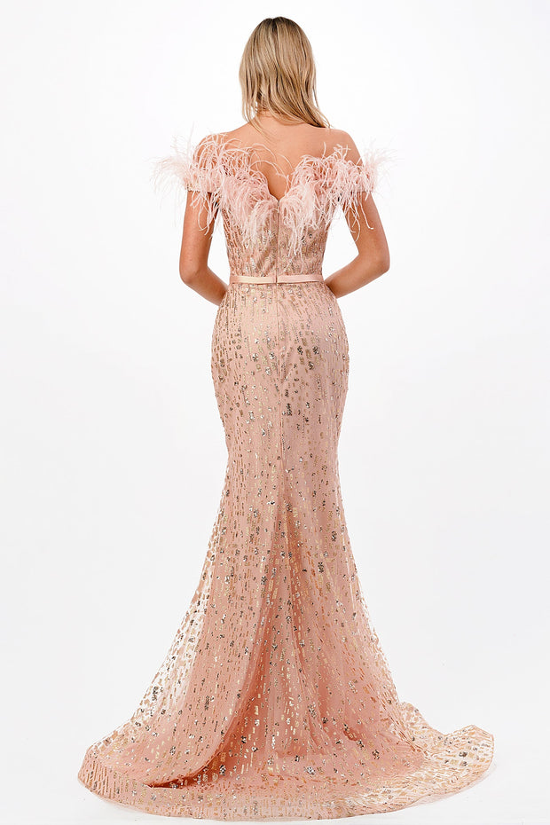 Feather Off Shoulder Gown by Cinderella Divine CB082