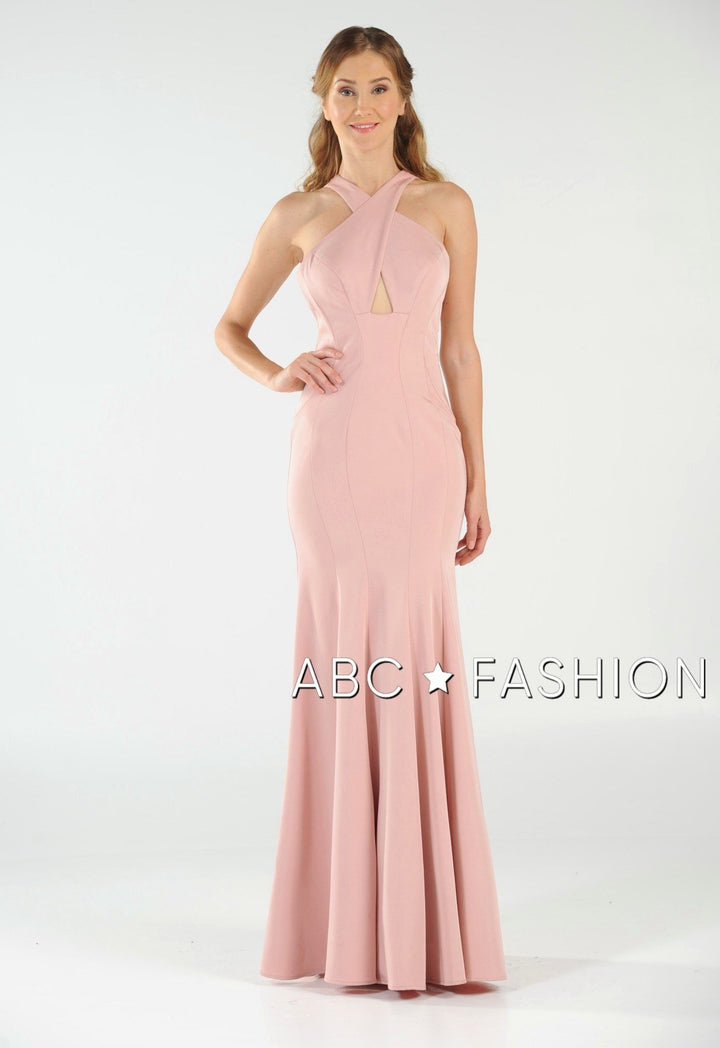 Fit and Flare Long Dress with Keyhole Bodice by Poly USA 8058-Long Formal Dresses-ABC Fashion