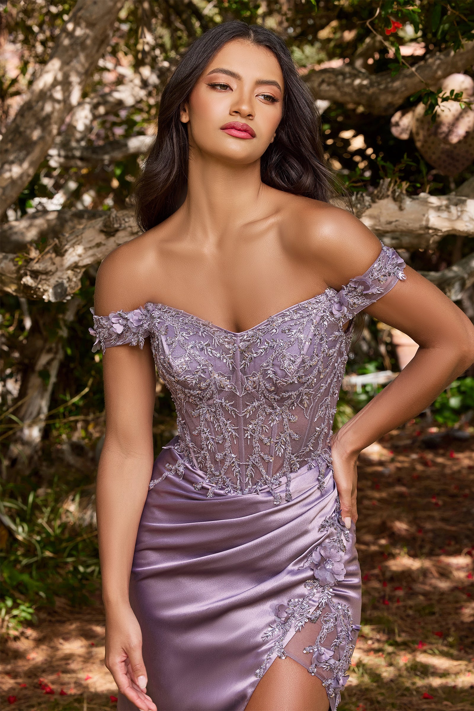 Fitted 3D Floral Corset Gown by Cinderella Divine CD0186 Fitted 3D Floral Corset Gown by Cinderella Divine CD0186
