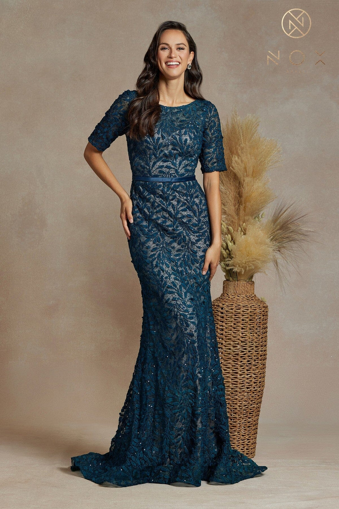 Fitted Applique Mid-Sleeve Gown by Nox Anabel JQ506