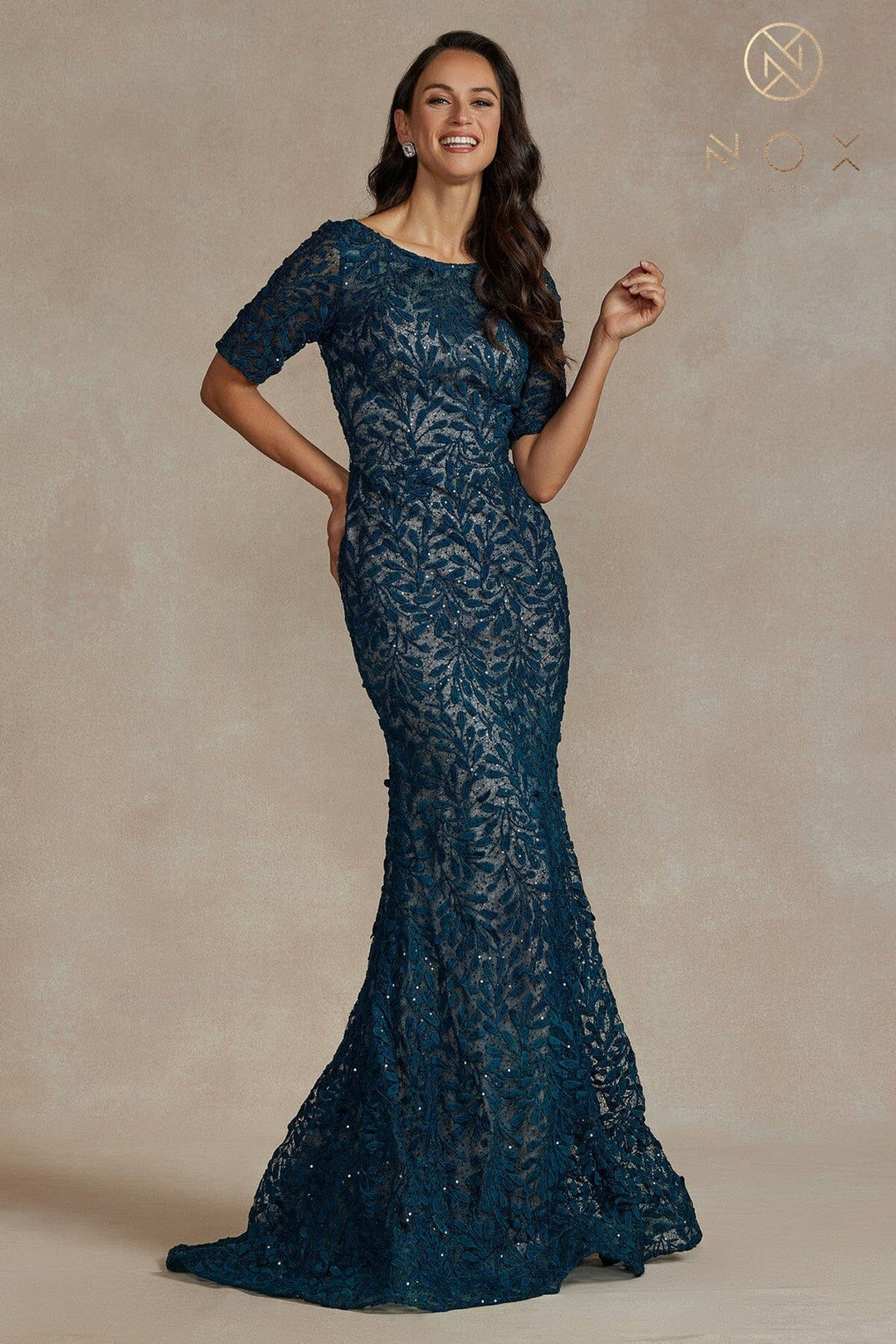 Fitted Applique Mid-Sleeve Gown by Nox Anabel JQ506