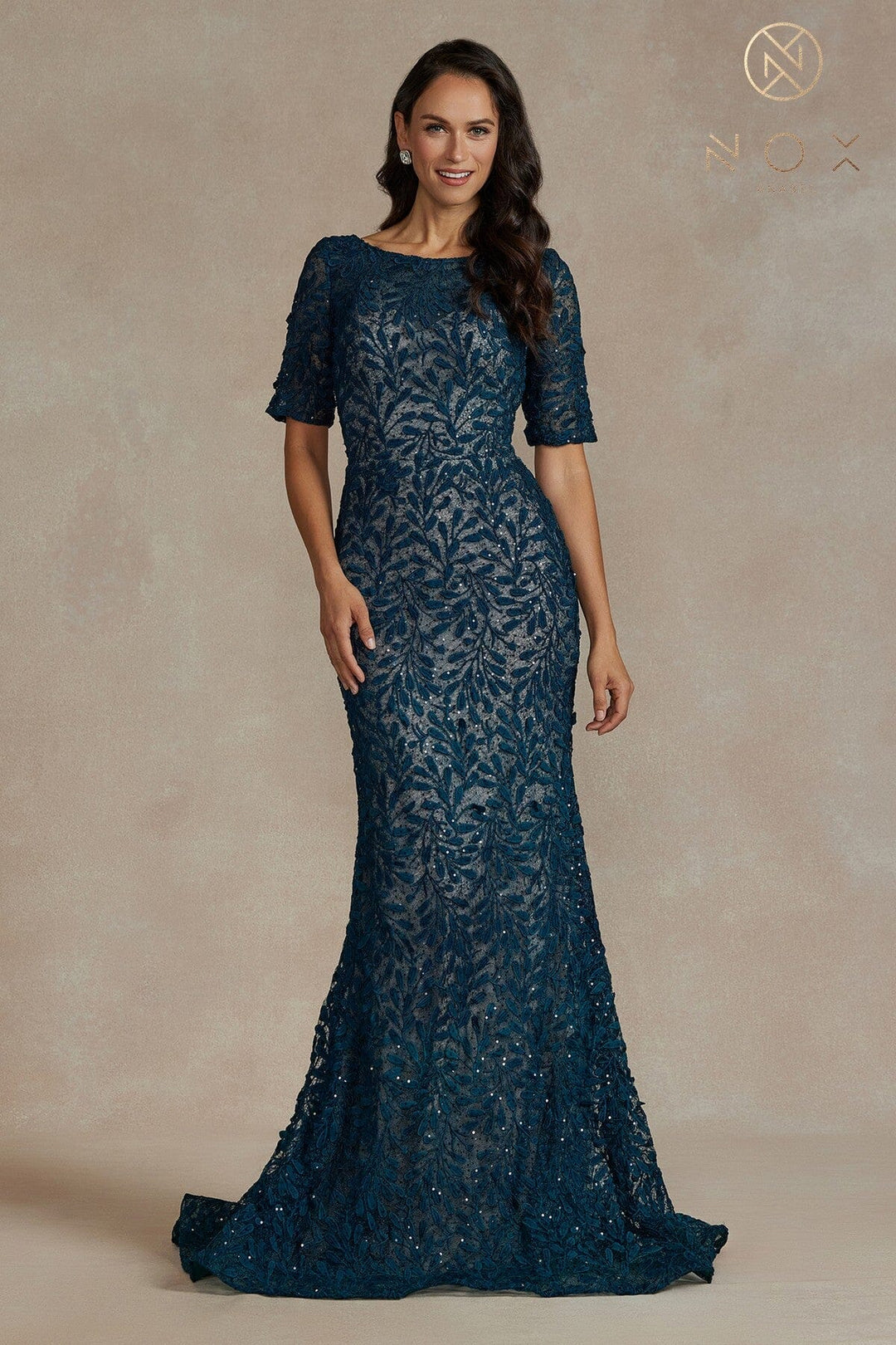 Fitted Applique Mid-Sleeve Gown by Nox Anabel JQ506