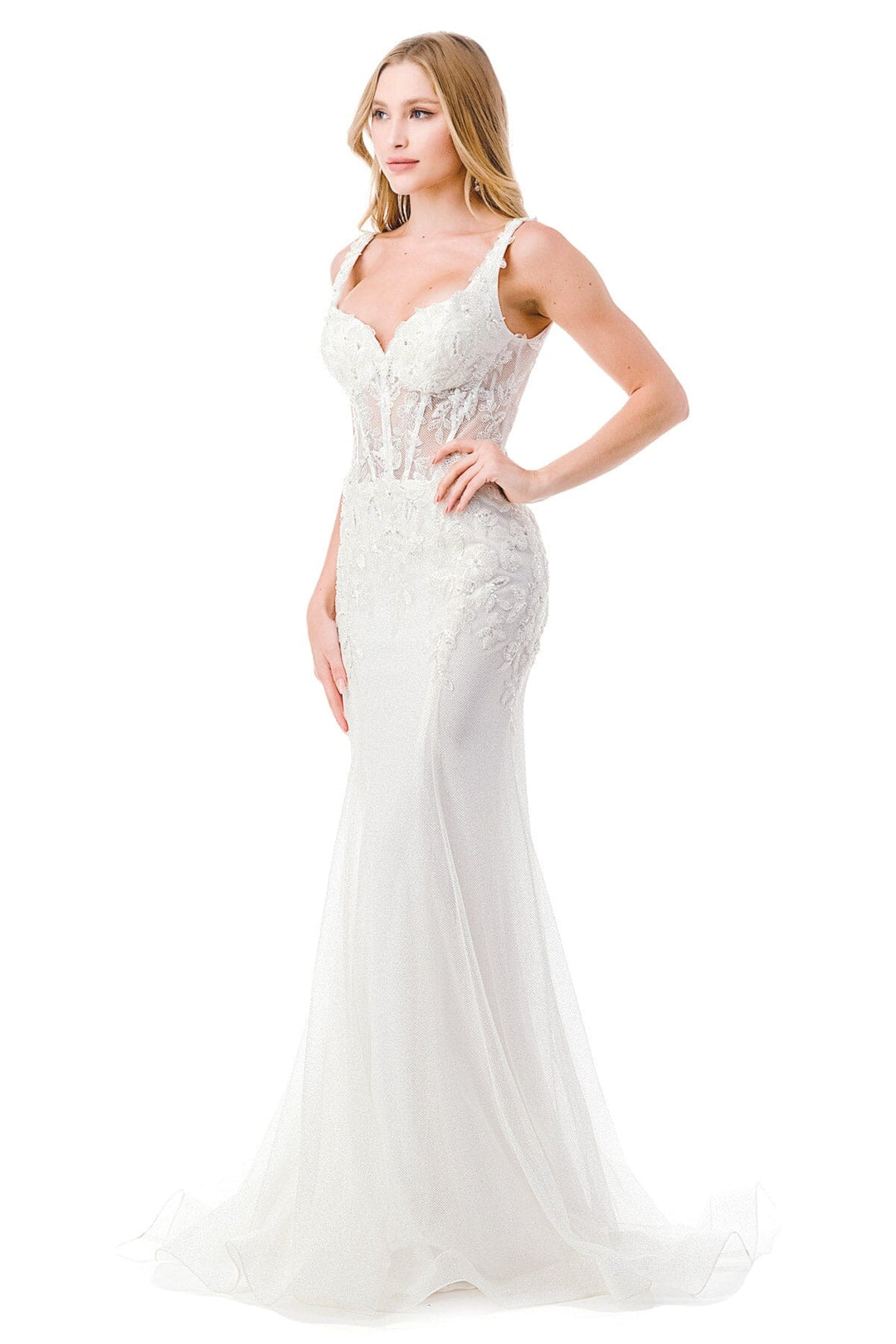 Fitted Applique Sheer Corset Wedding Gown by Coya MS0025