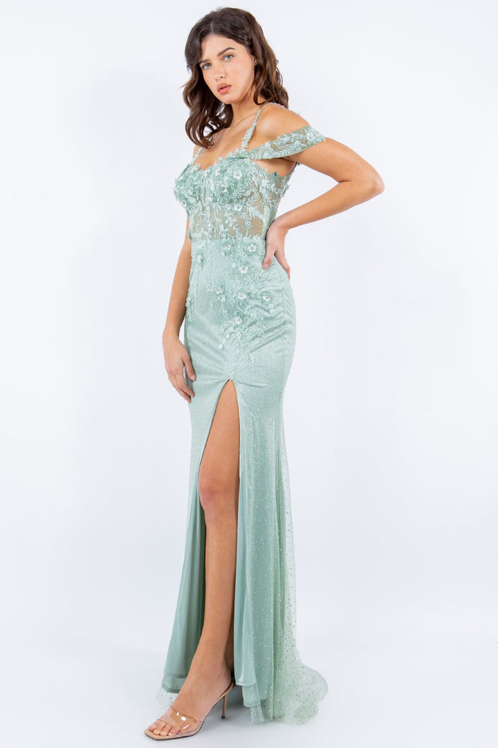 Fitted Applique Slit Gown by Cinderella Couture 8049J