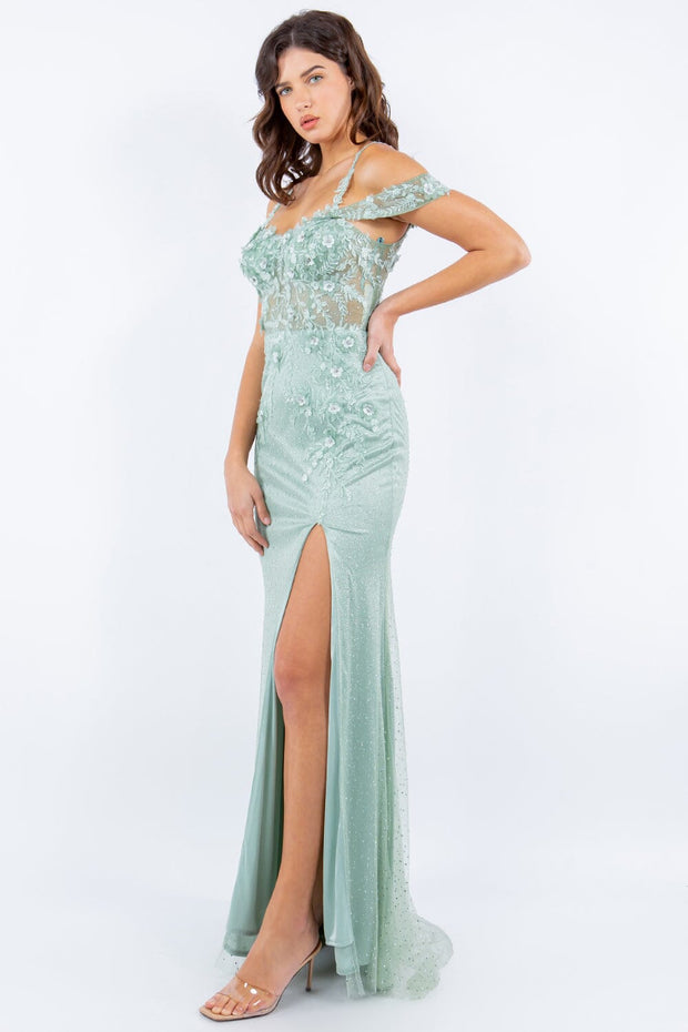 Fitted Applique Slit Gown by Cinderella Couture 8049J