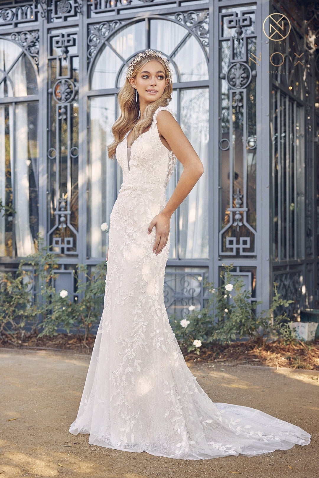 Fitted Applique V-Neck Wedding Dress by Nox Anabel JE949