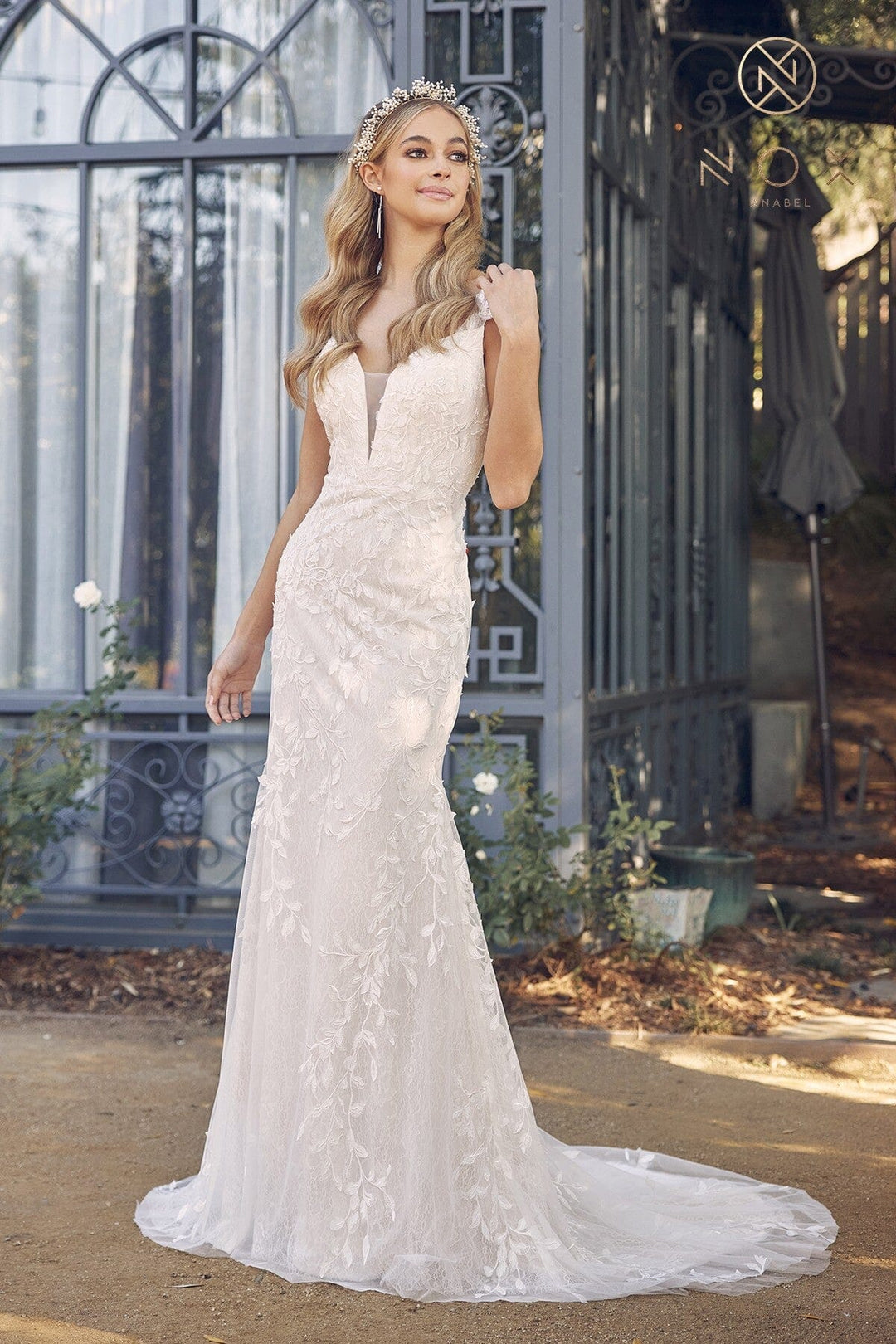 Fitted Applique V-Neck Wedding Dress by Nox Anabel JE949