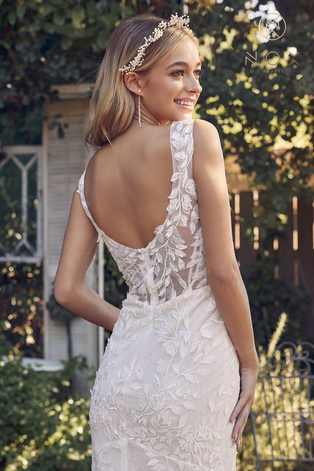 Fitted Applique V-Neck Wedding Dress by Nox Anabel JE949