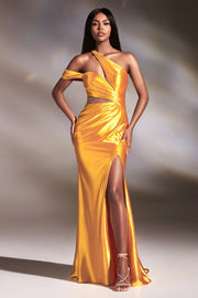 Fitted Asymmetrical Satin Slit Gown by Ladivine Y025