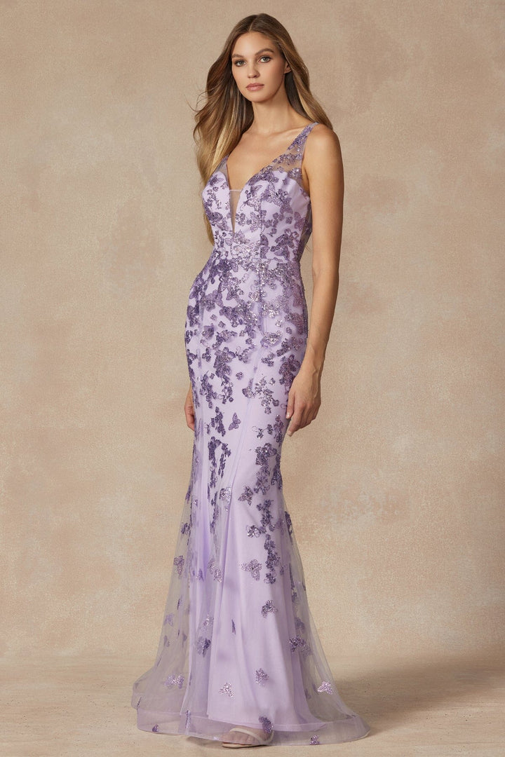 Fitted Butterfly Glitter Print V-Neck Gown by Juliet 294