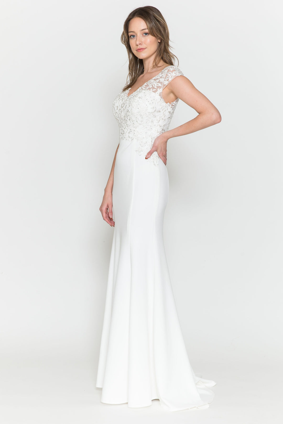 Fitted Cap Sleeve Lace Bridal Dress by Poly USA 8558-1