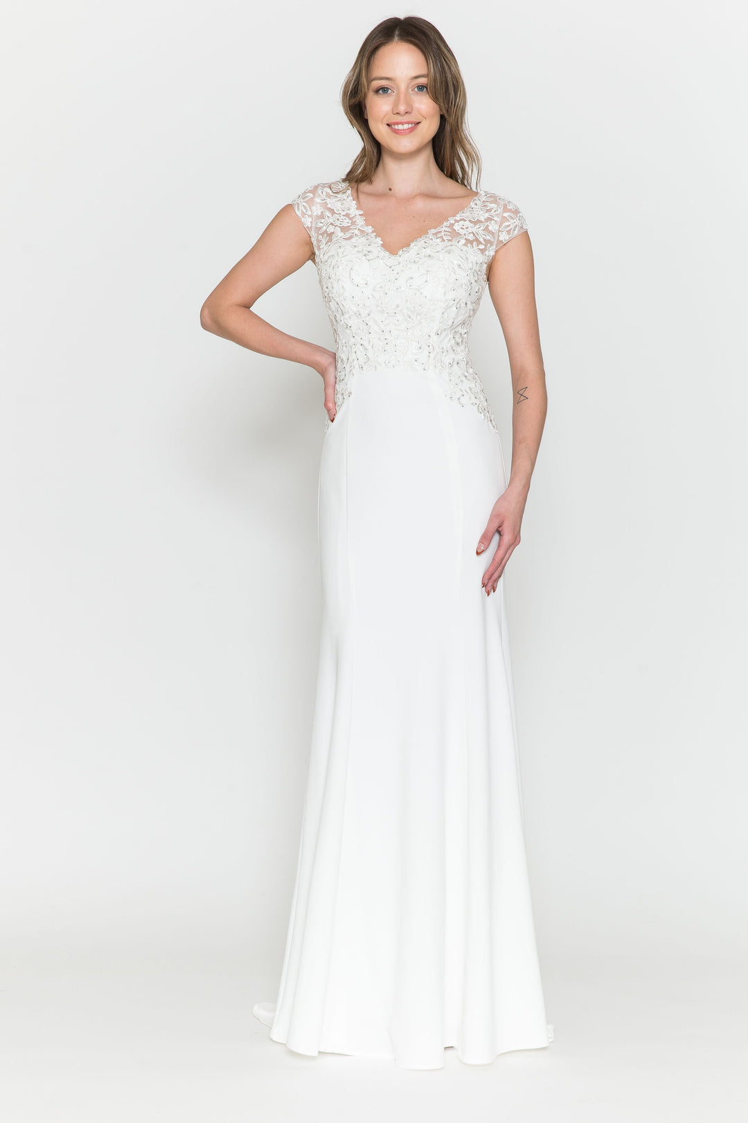 Fitted Cap Sleeve Lace Bridal Dress by Poly USA 8558-1