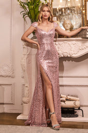 Fitted Cap Sleeve Sequin Gown by Cinderella Divine CH171