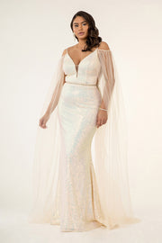 Fitted Cape Sleeve Sequin Gown by Elizabeth K GL1955