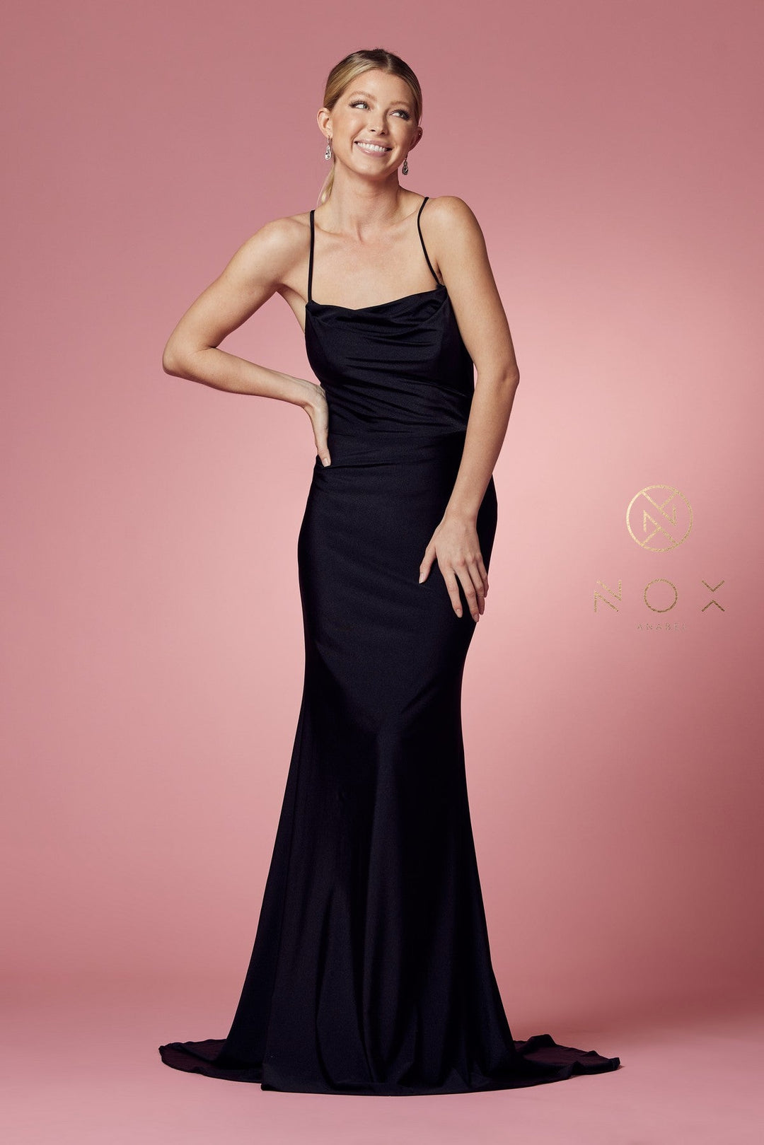 Fitted Cowl Neck Lace-Up Back Gown by Nox Anabel E1007