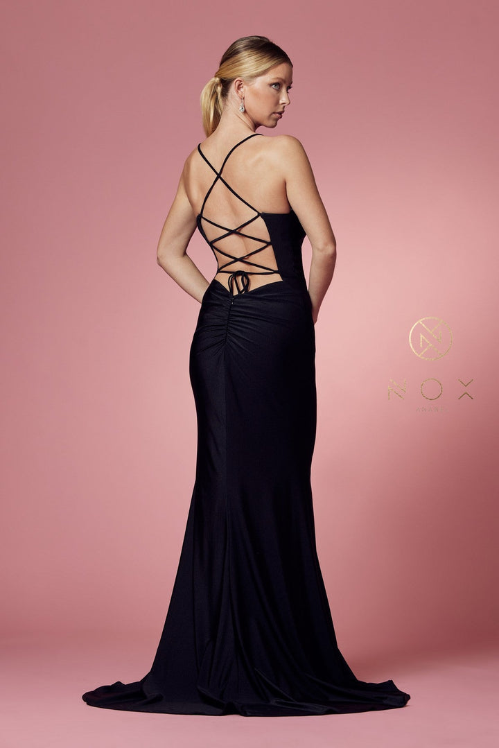 Fitted Cowl Neck Lace-Up Back Gown by Nox Anabel E1007