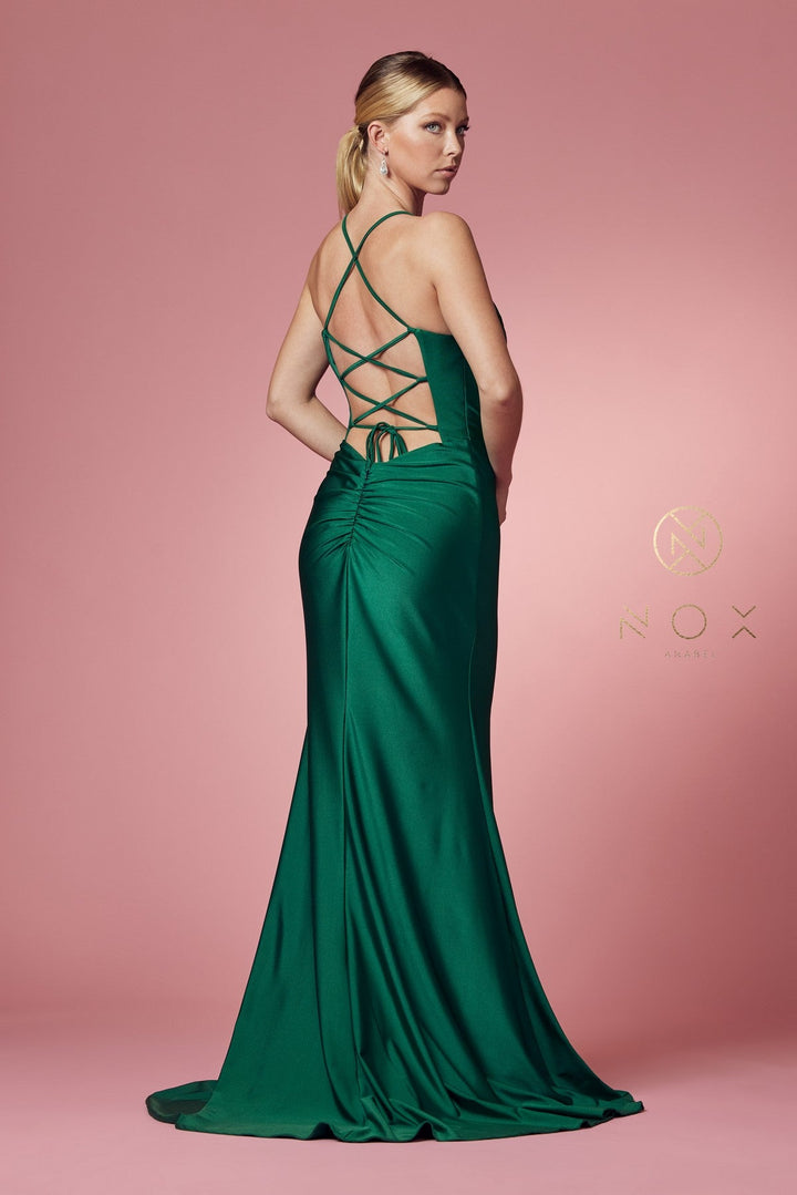 Fitted Cowl Neck Lace-Up Back Gown by Nox Anabel E1007