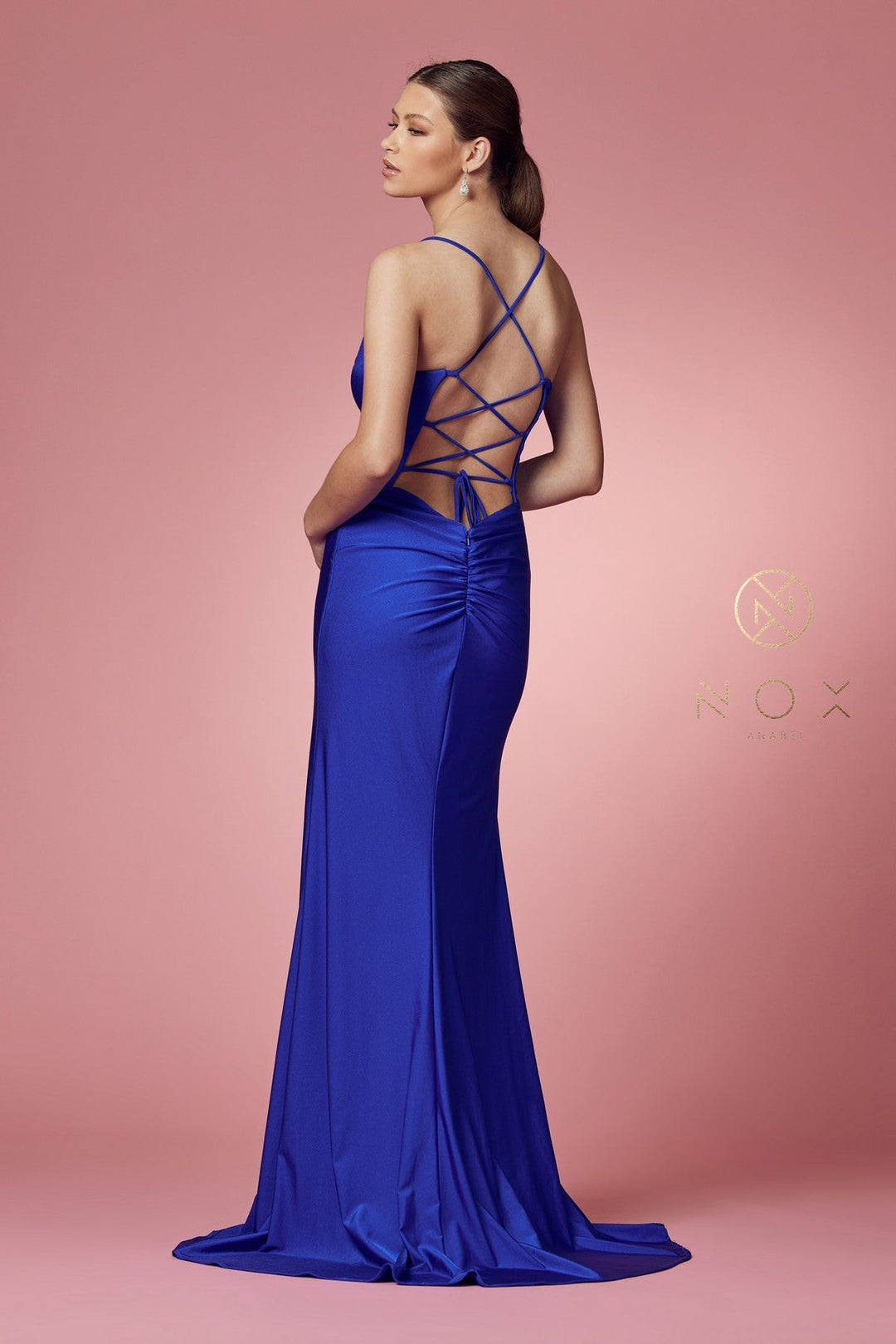 Fitted Cowl Neck Lace-Up Back Gown by Nox Anabel E1007