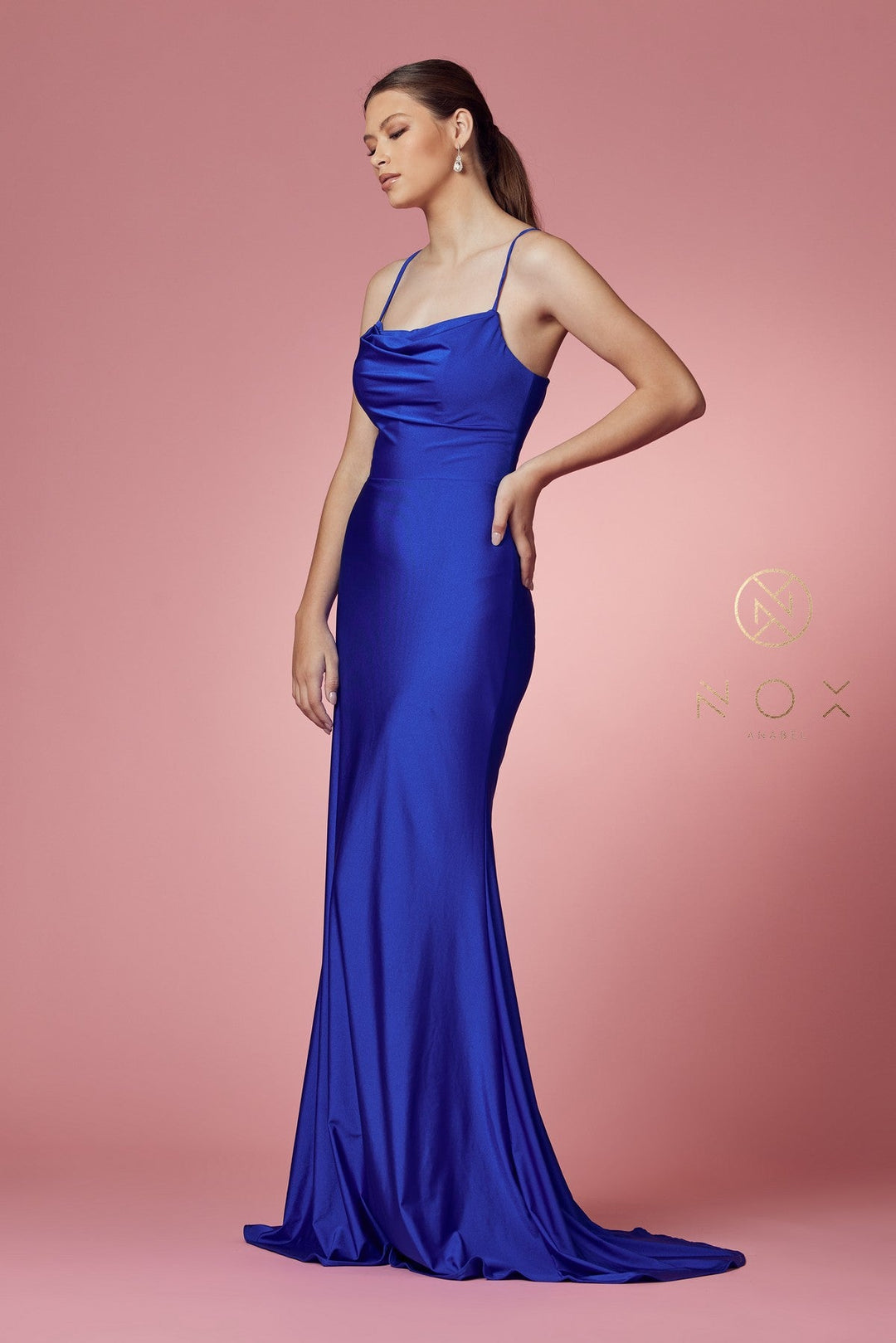 Fitted Cowl Neck Lace-Up Back Gown by Nox Anabel E1007