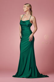 Fitted Cowl Neck Lace-Up Back Gown by Nox Anabel E1007