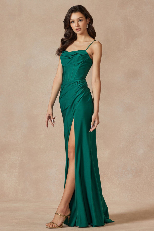 Fitted Cowl Neck Satin Corset Slit Gown by Juliet 291