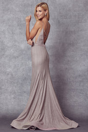 Fitted Deep V-Neck Glitter Gown by Juliet 207