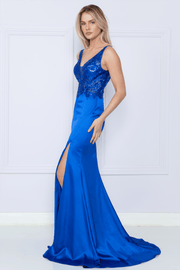 Fitted Embroidered Bodice Slit Gown by Poly USA 9162