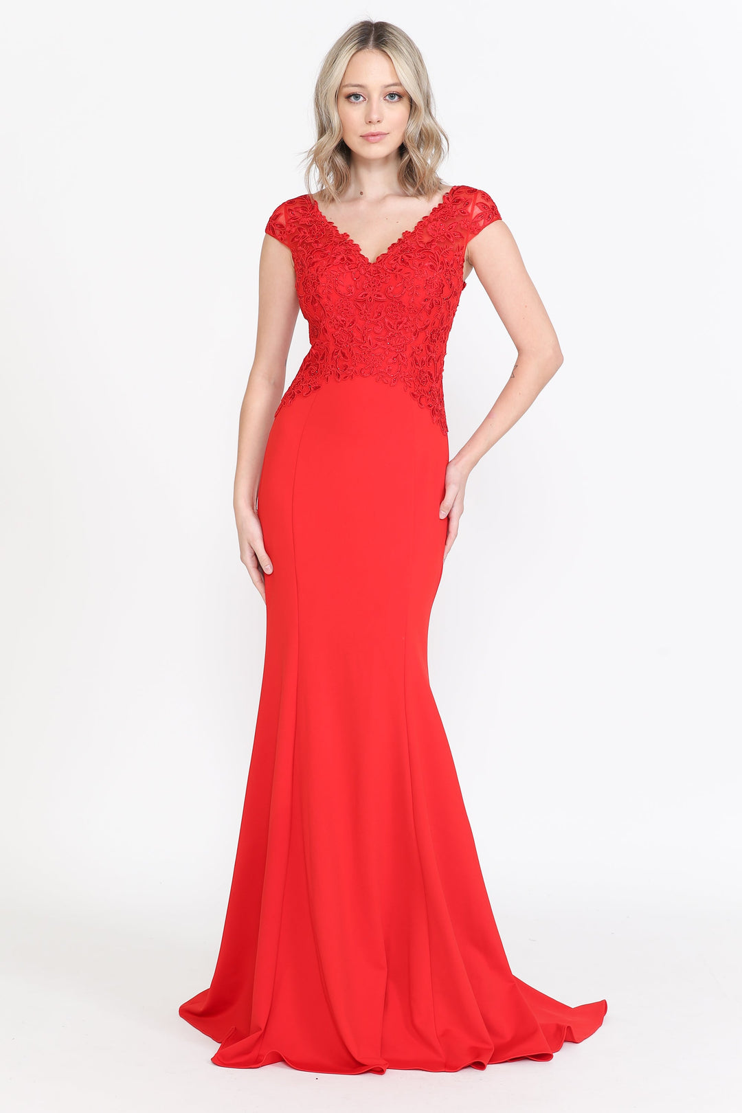 Fitted Embroidered Cap Sleeve Gown by Poly USA 8558