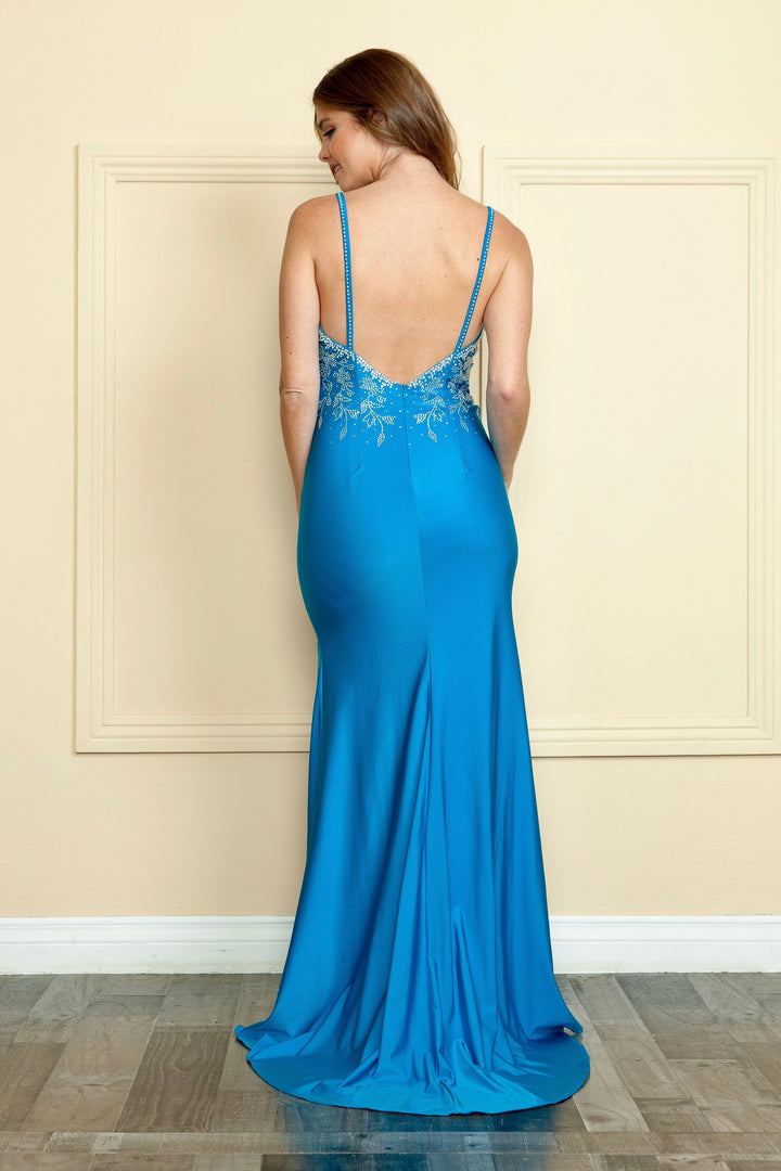 Fitted Embroidered Deep V-Neck Gown by Poly USA 9120