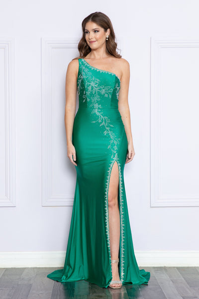 open lace back dress Fitted Embroidered One Shoulder Gown by Poly USA 9136 – ABC Fashion