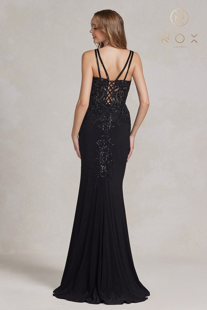Fitted Embroidered V-Neck Gown by Nox Anabel H1090