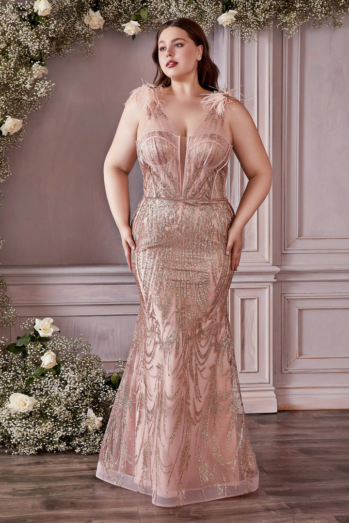 Fitted Feather Glitter Gown by Cinderella Divine CB087