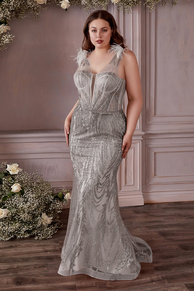 Fitted Feather Glitter Gown by Cinderella Divine CB087