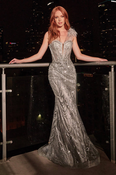 Cinderella Divine CB087 Fitted Glitter and Feather Gown