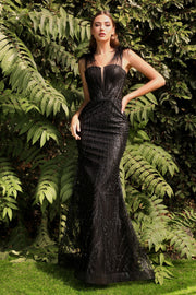 Fitted Feather Glitter Gown by Cinderella Divine CB087