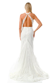Fitted Floral Lace Halter Slit Bridal Dress by Coya MS0022