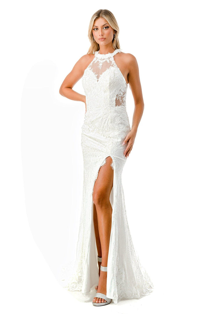 Fitted Floral Lace Halter Slit Bridal Dress by Coya MS0022