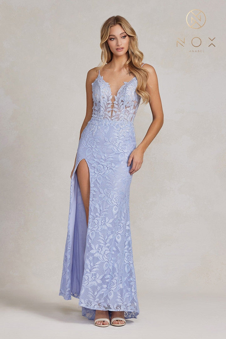 Fitted Floral Lace Slit Gown by Nox Anabel G1148