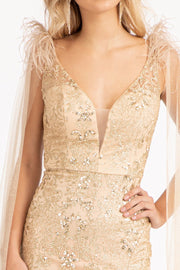 Fitted Glitter Cape Sleeve Gown by Elizabeth K GL3047