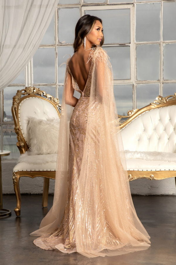 Fitted Glitter Cape Sleeve Gown by Elizabeth K GL3047 ABC Fashion