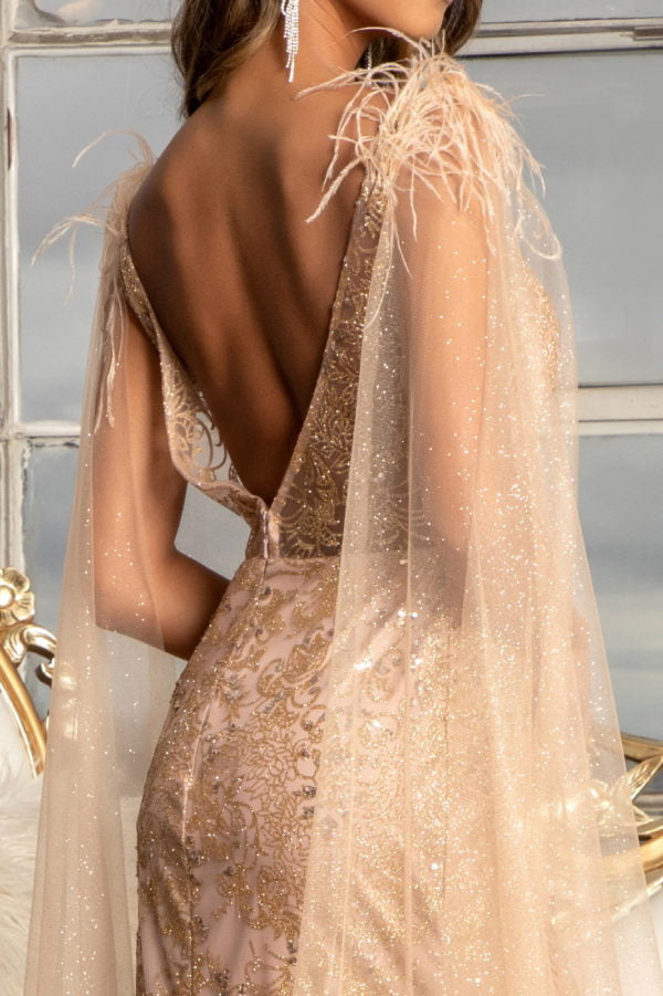 Fitted Glitter Cape Sleeve Gown by Elizabeth K GL3047
