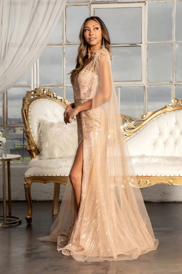 Fitted Glitter Cape Sleeve Gown by Elizabeth K GL3047