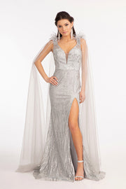 Fitted Glitter Cape Sleeve Gown by Elizabeth K GL3047