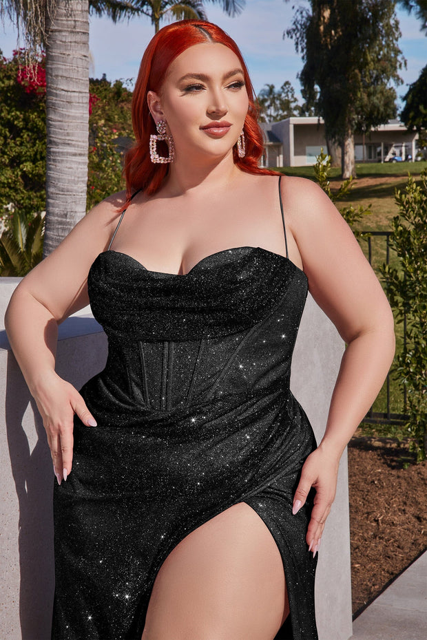 Fitted Glitter Corset Cowl Gown by Ladivine CD254